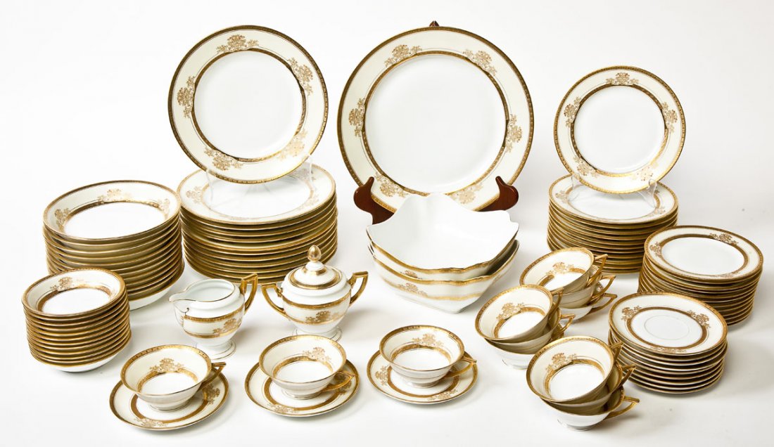 89 Pc Pirkenhammer Czech Gold-Encrusted Dinner Set: DESCRIPTION: Eighty-nine piece set of Pirkenhammer Czech gold-encrusted dishware. Includes: twelve 9-7/8" dinner plates, twelve 7-3/4" soup bowls, twelve 8-1/8" salad bowls, twelve 6-1/2" bread plates