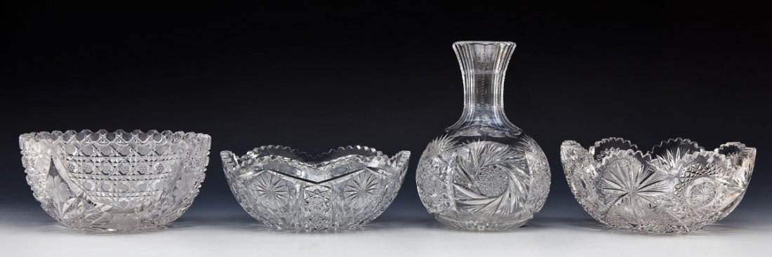 4 Pcs of Brilliant Cut Glass: DESCRIPTION: Four pieces of Brilliant cut glass. Includes: 1) 8" diameter bowl with eight flowers. 2) 8-1/4" diameter bowl with six flowers. 3) 8-1/4" diameter bowl with four rosettes. 4) 8-1/8" tall 