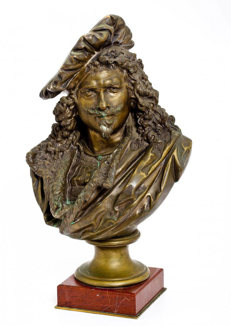 Albert Ernest Carrier-Belleuse (French, 1824-1887): DESCRIPTION: Albert Ernest Carrier-Belleuse (French, 1824-1887). Bronze bust of Rembrandt Van Rijn. Signed to back "A Carrier". On black resin pedestal by association. Carrier-Belleuse trained as a go