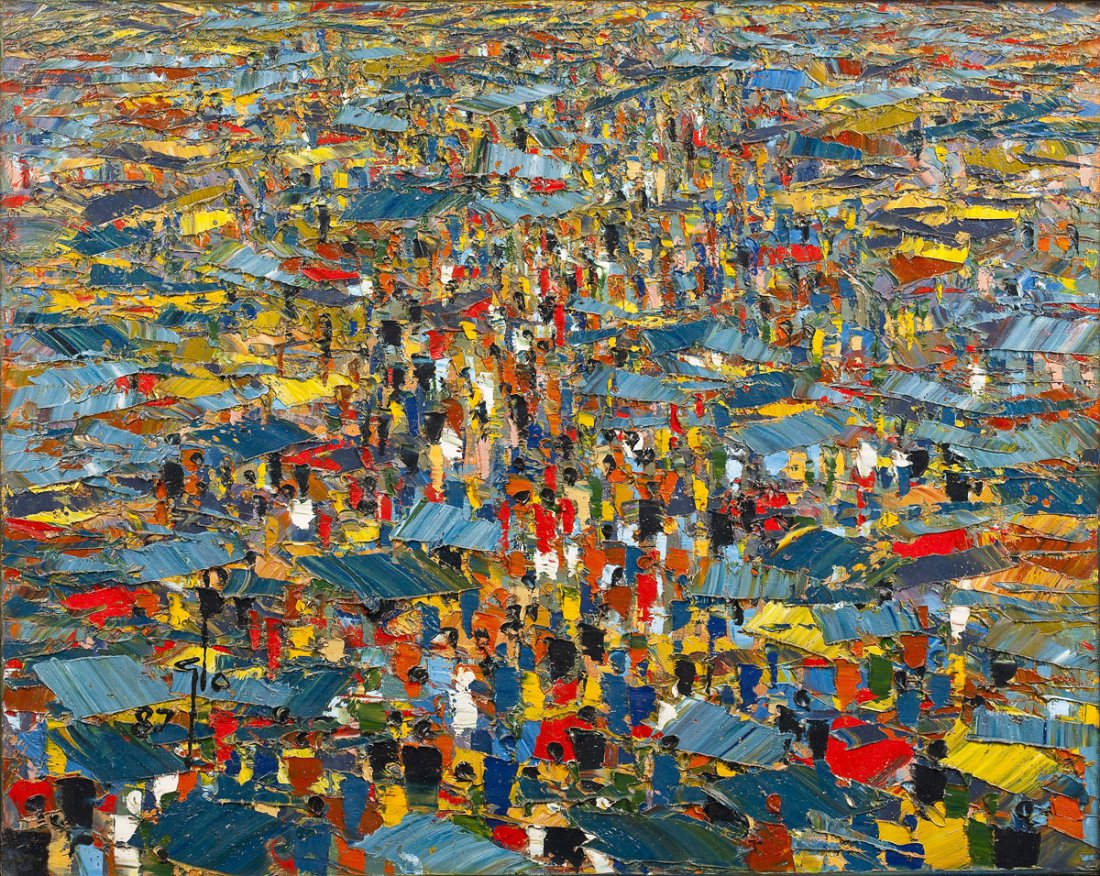 Ablade Glover (Ghana/UK, 1934- ): DESCRIPTION: Ablade Glover (Ghana/UK, 1934- ). Oil on canvas. Landscape of town overlooking roofs. Signed "Glo 87" in lower left corner. In wood frame. With purchase receipt from the Arts Council of G