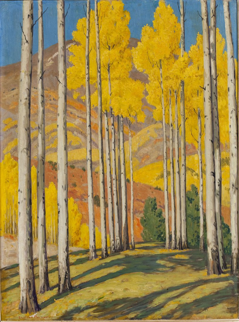 Sheldon Parsons (America/Mexico, 1866-1943): DESCRIPTION: Sheldon Parsons (America/Mexico, 1866-1943). Oil on board. Taos landscape. Wooded landscape with yellow trees and mountains. Signed in lower left corner "Sheldon Parsons". In green and go
