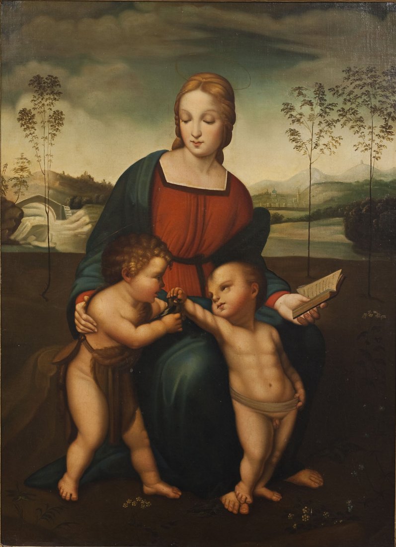 After Raphael (Italian, 1483-1520): DESCRIPTION: After Raphael (Italian, 1483-1520). Oil on canvas. "Madonna del cardellino" or "Madonna of the Goldfinch." Unsigned. In gilt gesso frame. MEASUREMENTS: 40-3/4" x 29-1/2". Overall in frame