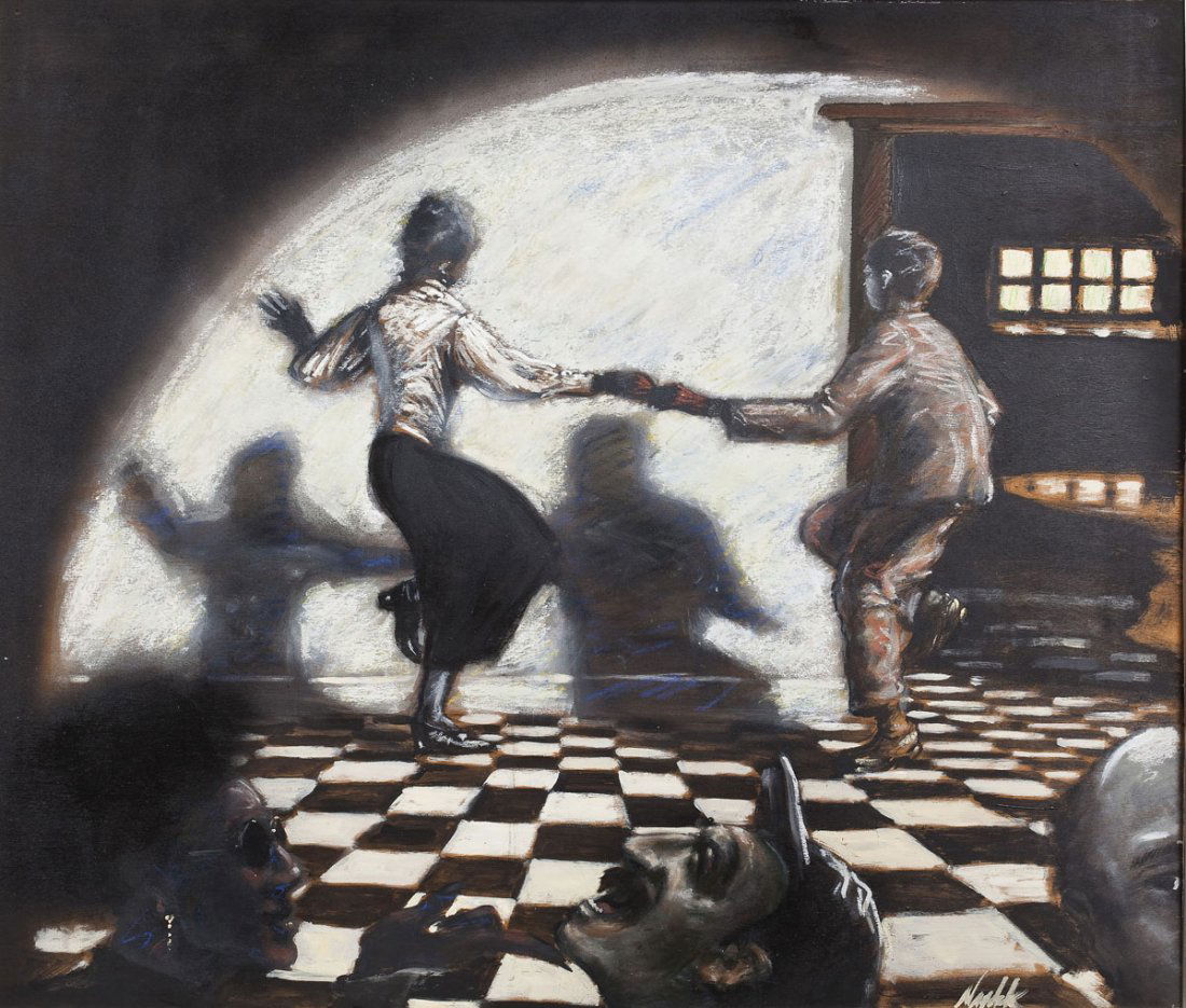 David Naydock (Pennsylvania, 1960-2013): DESCRIPTION: David Naydock (Pennsylvania, 1960-2013). Oil on board. Couple dancing in a club, the heads of three club goers underneath them. Signed at lower right corner "Naydock". Born in Pottsville,