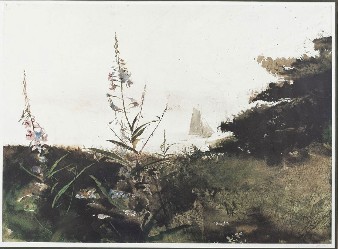 Andrew Wyeth (American, 1917-2009): DESCRIPTION: Andrew Wyeth (American, 1917-2009). Lithograph. Signed in pencil at lower right corner. Under Sail. green, pink, and tan matting in silver colored frame. Born in 1917, Andrew Wyeth was ho