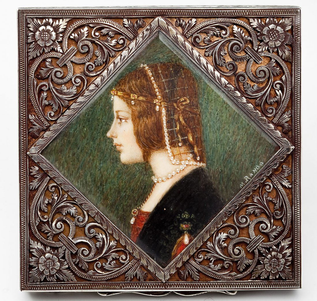 Italian 800 Silver Compact: DESCRIPTION: 800 silver compact with portrait of a young girl in Renaissance clothing. Ornate compact with flowers and leaves along side edges, open scrollwork and florals on lid, mirror on interior l