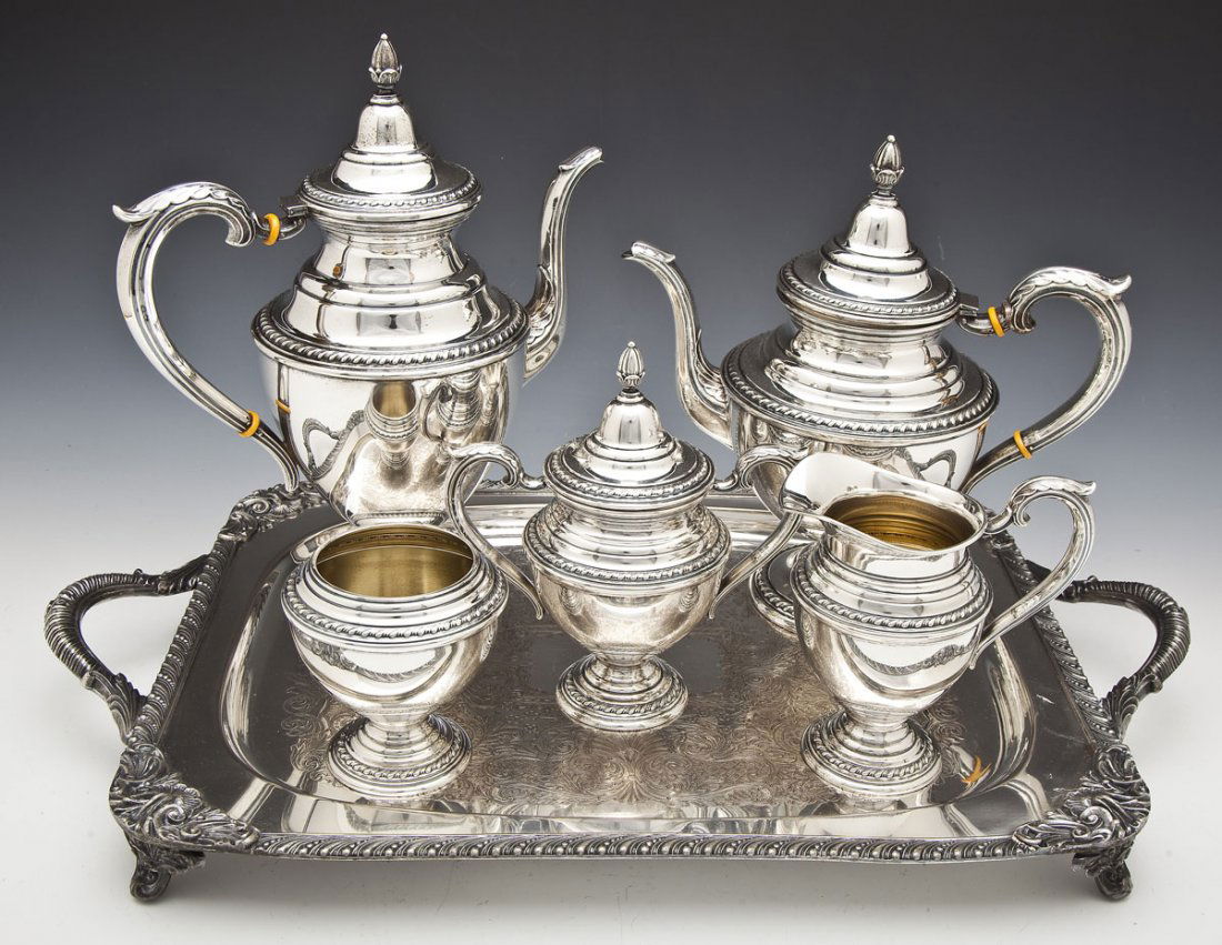 Rogers sterling silver tea set with tray sale