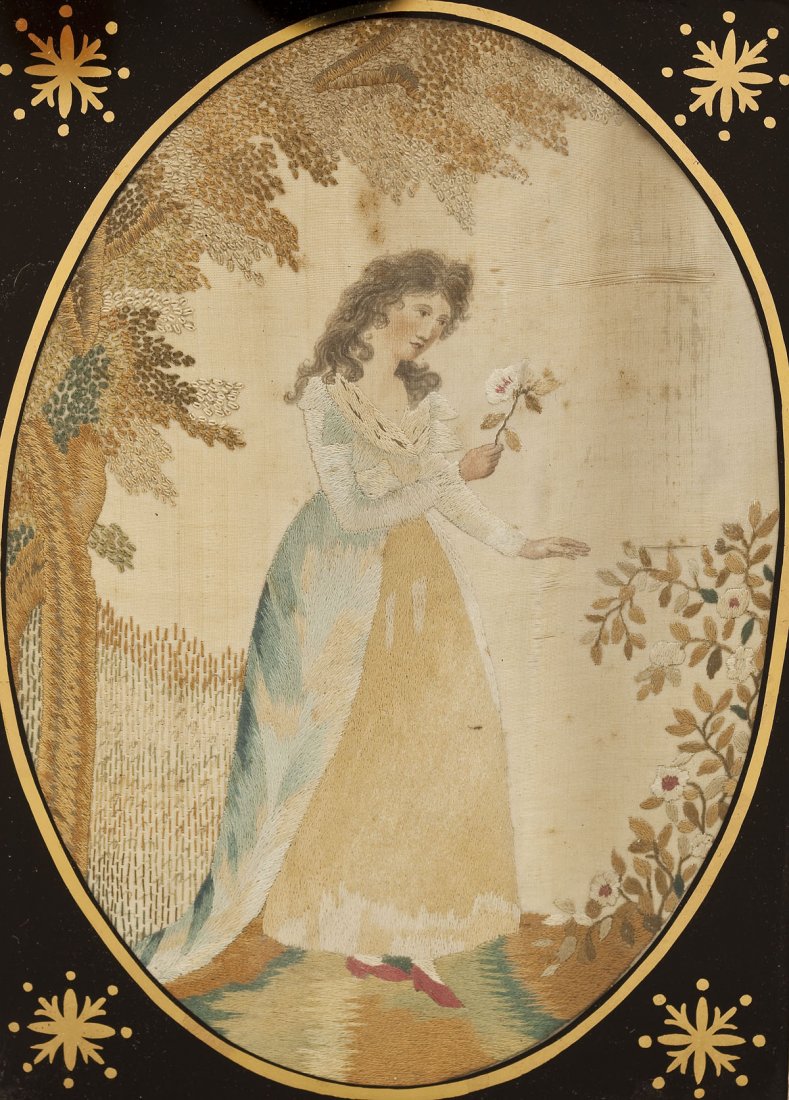 Needlepoint of a Young Woman: DESCRIPTION: Needlepoint of a young woman in a garden. Hands and face painted but all other details are thread. In black and gilt frame. 18th century. MEASUREMENTS: 8" x 5-3/4". Overall with frame 11"