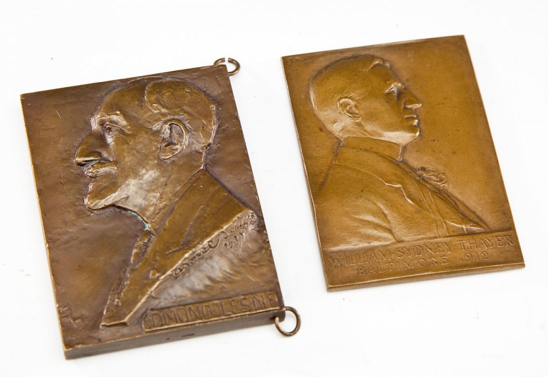 2 Bronze Plaques of Busts of Men: DESCRIPTION: Two bronze plaques depicting the busts of two men. Including: 1) 3" x 2-1/8" plaque depicting William Sydney Thayer of Baltimore 1912. Signed "J.M. Miller 1912" in top left corner. Fasten