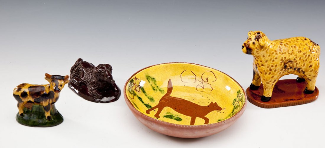 3 Redware Animals & Bowl incl Breininger: DESCRIPTION: Four pieces of redware. Includes: 1) 7-3/4" diameter bowl of a cat walking near an area of water with fish. Yellow and green glaze. Signed on reverse "L & B Breininger Robesonia 1976 PA G