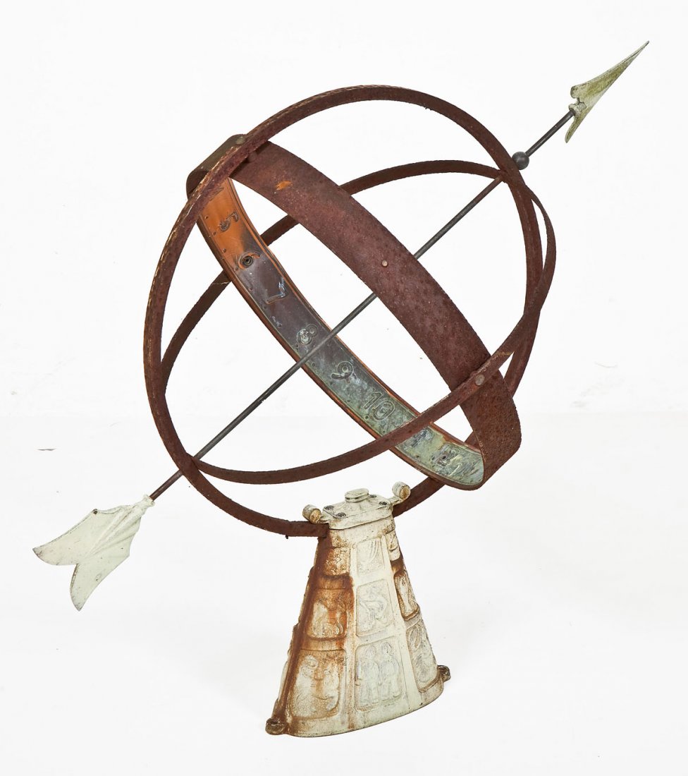 Zodiac Armillary: DESCRIPTION: Copper and cast iron zodiac armillary. MEASUREMENTS: 25" tall x 28" at widest point. CONDITION: Patina and rusting throughout.