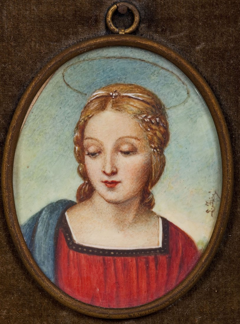 Miniature on Ivory The Madonna del Cardellino: DESCRIPTION: Miniature portrait on ivory after The Madonna del Cardellino (or the Madonna of the Goldfinch) by Raphael. Signed to lower right edge "L. Fici". 19th century. In gilded metal frame attach