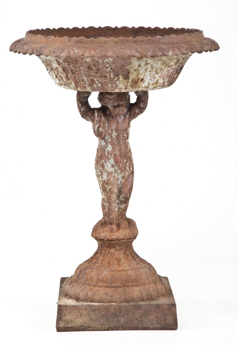 Cast Iron Bird Bath: DESCRIPTION: Cast iron bird bath. Lobed rim. Square base. PROVENANCE: Purchased from Harry B. Hartman, noted antiques dealers in southeastern Pennsylvania. MEASUREMENTS: 21" diameter x 29" high. CONDI