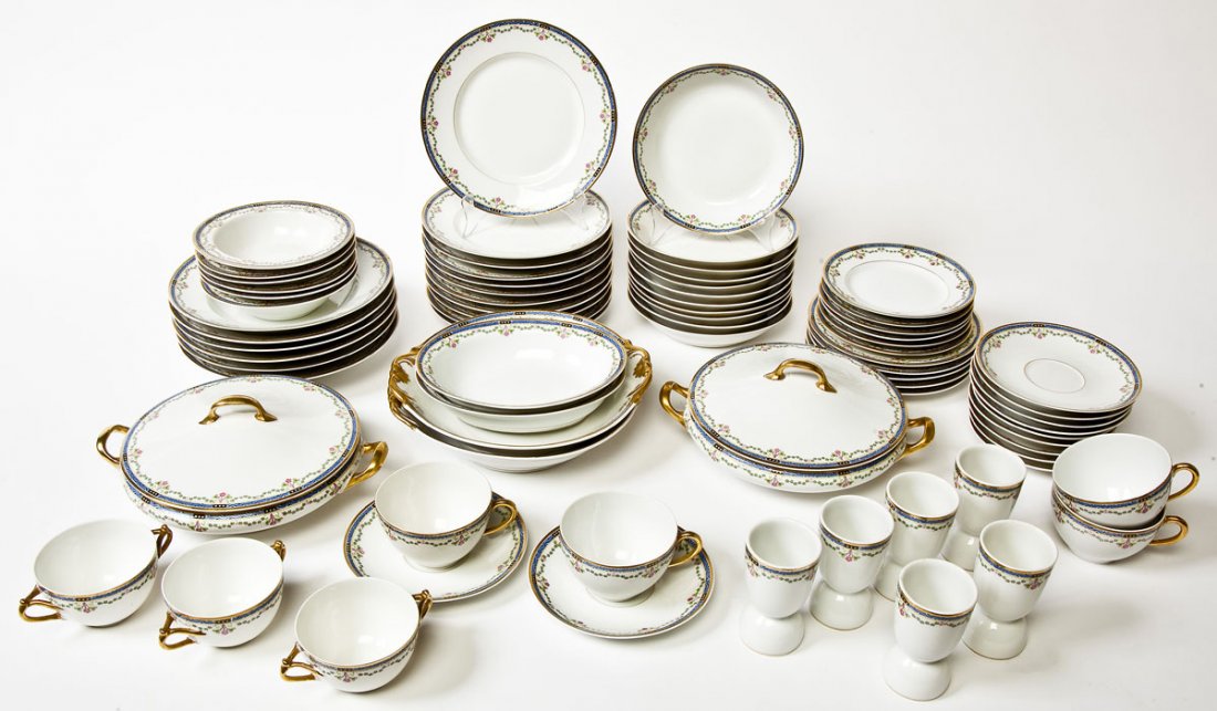 75 Pc L. Bernardaud & Co Limoges Brunch Set: DESCRIPTION: Seventy-five piece bruch set. Made by L. Bernardaud & Company for Limoges, France. Pattern number BER302. Includes: eleven each of 8-1/2" luncheon plates, 7-1/2" cereal bowls, six each of