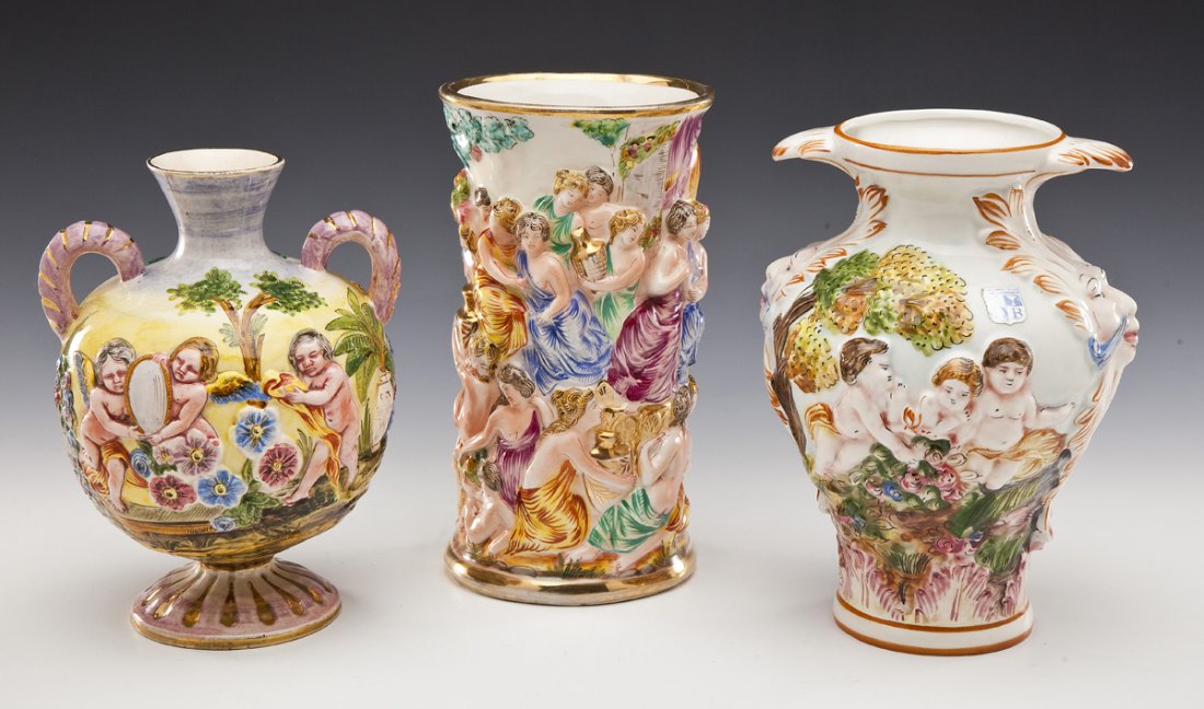 3 Pcs Italian Pottery Incl Capodimonte: DESCRIPTION: Three pieces of Italian pottery including Capodimonte. Includes: 1) 10-3/4" tall x 6-7/8" diameter vase depicting brightly-dressed figures drinking, lounging, and talking. Gold accents th