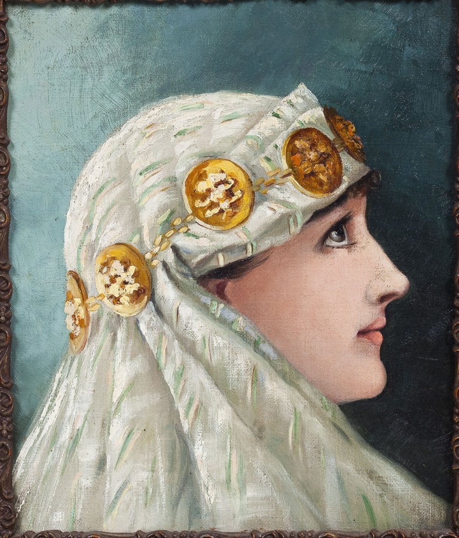 Continental School (Late 19th Century): DESCRIPTION: Continental School (Late 19th Century). Aesthetic Movement. Oil on canvas. Depicting a woman in profile wearing a white veil with a coin headband. Possibly depiction of Maria Stillman. In