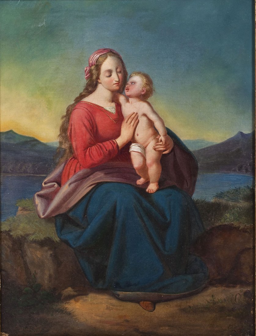 Continental School (19th Century): DESCRIPTION: Continental School (19th Century). Oil on canvas. Madonna and child. Signed at lower right corner "WF". In gold painted frame. MEASUREMENTS: 17-1/2" x 13". Overall with frame 22" x 17 1/2