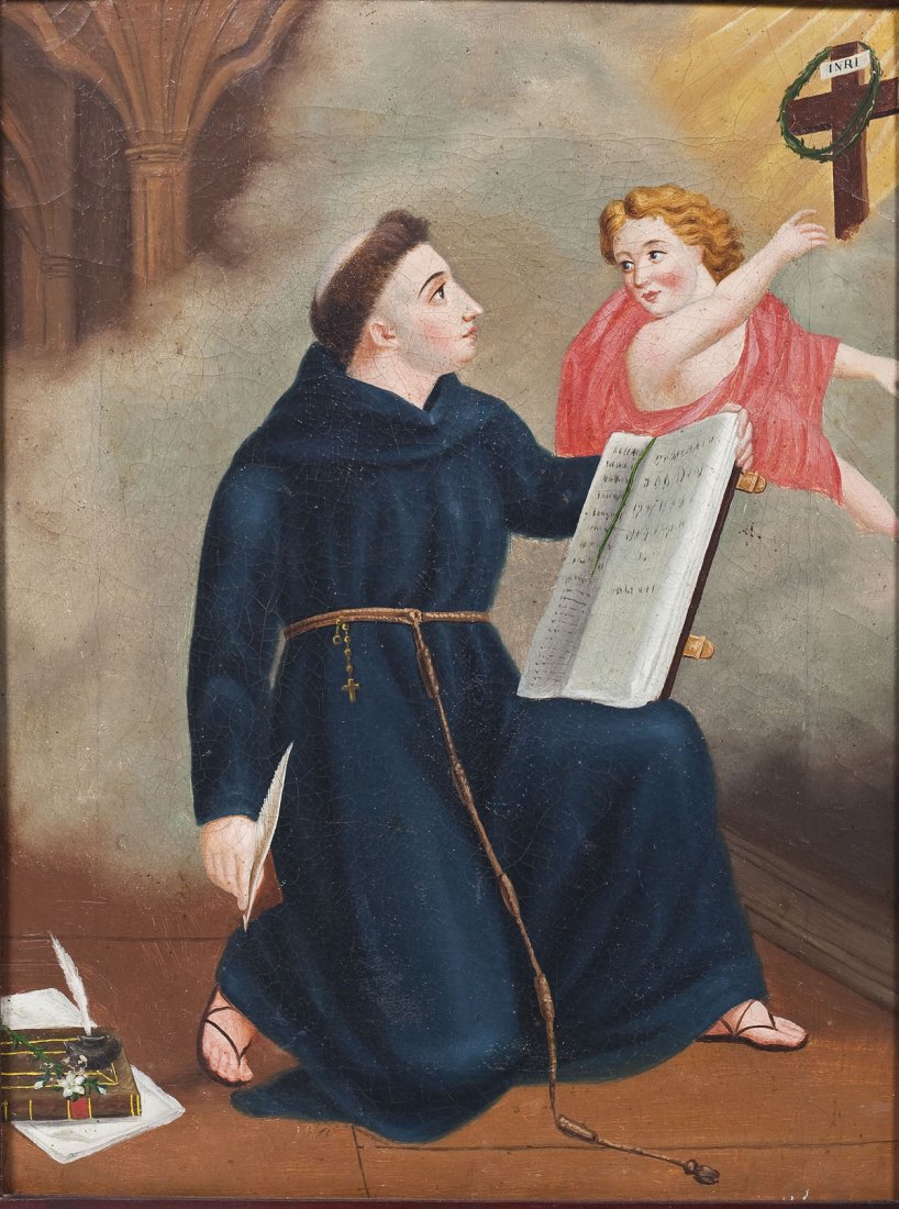 Continental School (19th Century): DESCRIPTION: Continental School (19th Century). Oil on canvas. Depicting a Franciscan monk writing in a manuscript having a vision of an angel presenting the cross to him. Stack of books with a white 