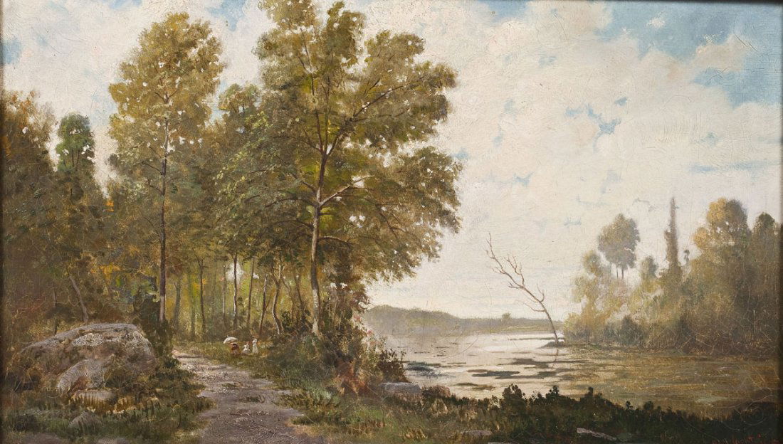 Michael S. Nachtrieb (American, 1835-1916): DESCRIPTION: Michael S. Nachtrieb (American, 1835-1916). Oil on canvas. Landscape by a river, depicting three women walking in the grass near a path. Signed at lower right corner "M.S. Nachtrieb 1891"