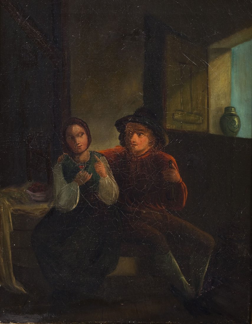 Continental School (19th Century): DESCRIPTION: Continental School (19th Century). Oil on canvas. Dutch style interior scene, man and woman drinking wine, conversing by a window. On the window sits a lidded jar. Signed illegibly in low
