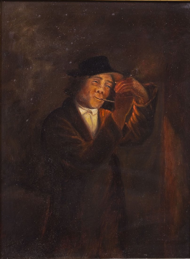 School of David Gilmour Blythe (American, 1815-1865): DESCRIPTION: School of David Gilmour Blythe (American, 1815-1865). Oil on board. Man in a hat lighting a pipe. The light just barely illuminates his face. In gold painted frame with plaque that reads
