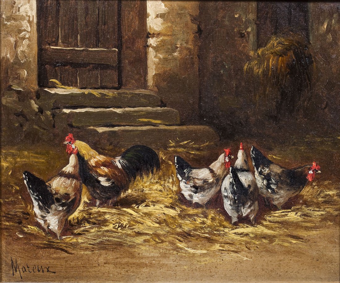 Continental School (19th Century): DESCRIPTION: Continental School (19th Century). Oil on canvas. Chickens in a yard pecking. Signed in the lower left corner "Mareux". In gold painted frame. MEASUREMENTS: 9-3/4" x 11-1/2". Overall with