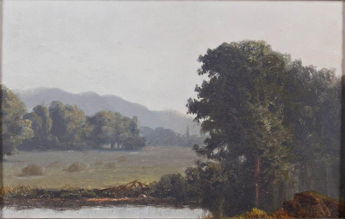 Continental School (19th Century): DESCRIPTION: Continental School (19th Century). Oil on canvas. Landscape. Overcast scene of a riverbank with mountains and a townscape in the background. Unsigned. In ornate gilt frame. MEASUREMENTS: 
