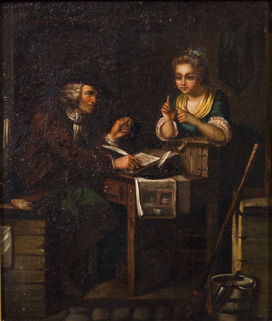 Continental School (19th Century): DESCRIPTION: Continental School (19th Century). Oil on metal. Scene of two people in an interior. An older gentleman sits at a desk writing with a quill pen staring softly at a younger woman who is le