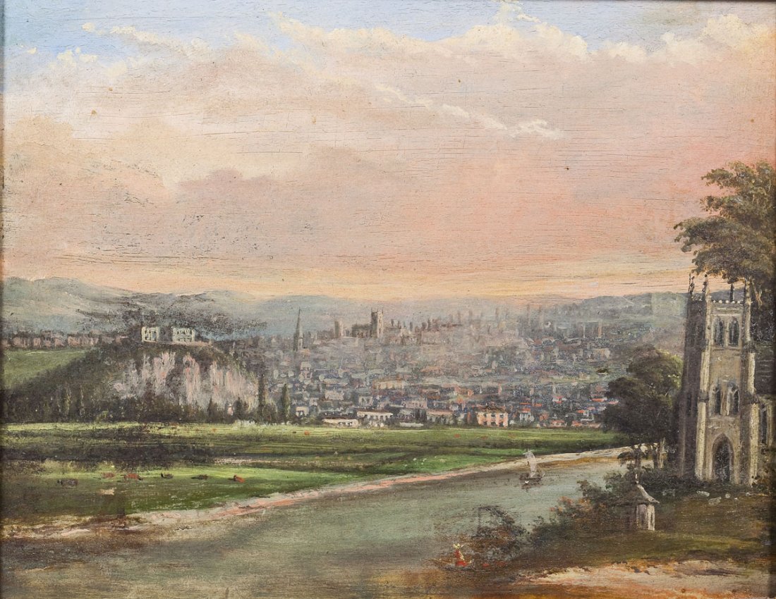 T. Kirkman (19th Century): DESCRIPTION: T. Kirkman (19th Century). Oil on board. Landscape at sunset, overlooking a town with a cathedral to the right. Marked on back of board "T. Kirkman 1884". In gold painted frame. MEASUREME