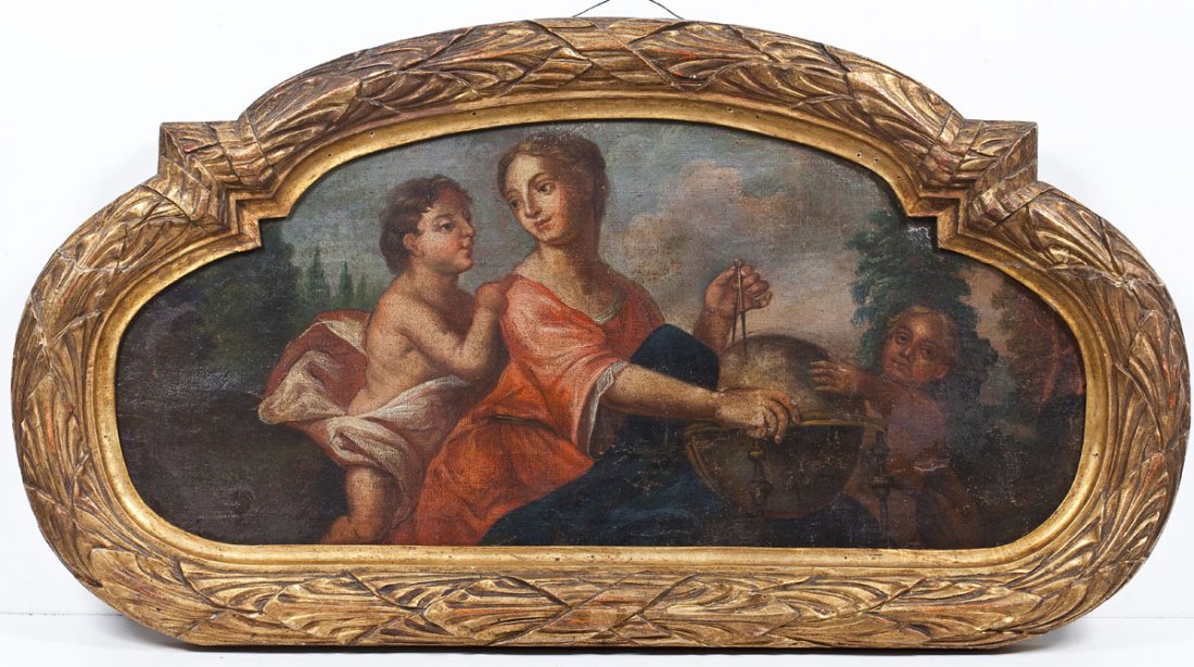 Continental School (19th Century): DESCRIPTION: Continental School (19th Century). Oil on canvas. Allegory of Geography. Woman mapping a globe flanked by two putti. Unsigned. Possibly a door lintel. Gold painted frame, oval/cloud shape