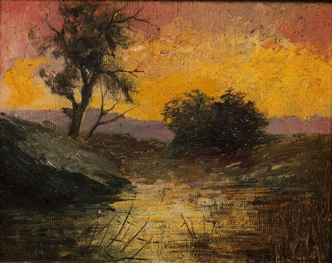 Atherton Furlong (American, 1849-1919): DESCRIPTION: Atherton Furlong (American, 1849-1919). Oil on canvas. Riverbank at Sunset. Signed at lower right corner "Atherton Furlong." In wood and gold painted framed with floral motif. MEASUREMENT