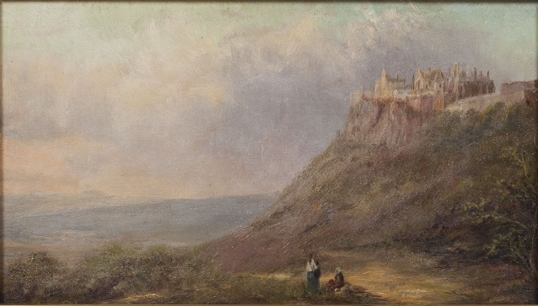 Continental School (19th Century): DESCRIPTION: Continental School (19th Century). Oil on canvas. Seaside. Unsigned. In gold painted frame with black painted detail. MEASUREMENTS: 6-1/4" x 11-1/4". Overall with frame 12-1/2" x 17-1/4".
