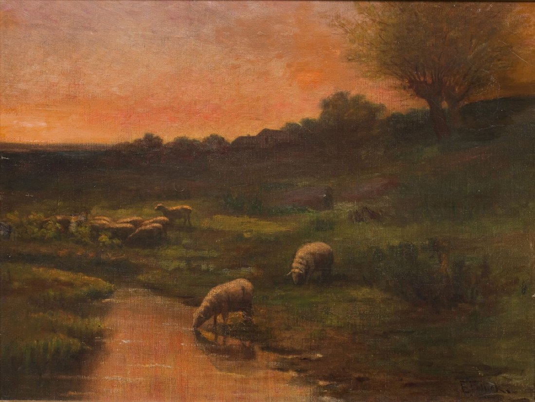 American School (19th Century): DESCRIPTION: American School (19th Century). Oil on canvas. Sheep grazing at sunset. Signed at lower right corner "E. Fullick." In gold painted frame. MEASUREMENTS: 17-1/2" x 23-1/2". Overall with fra