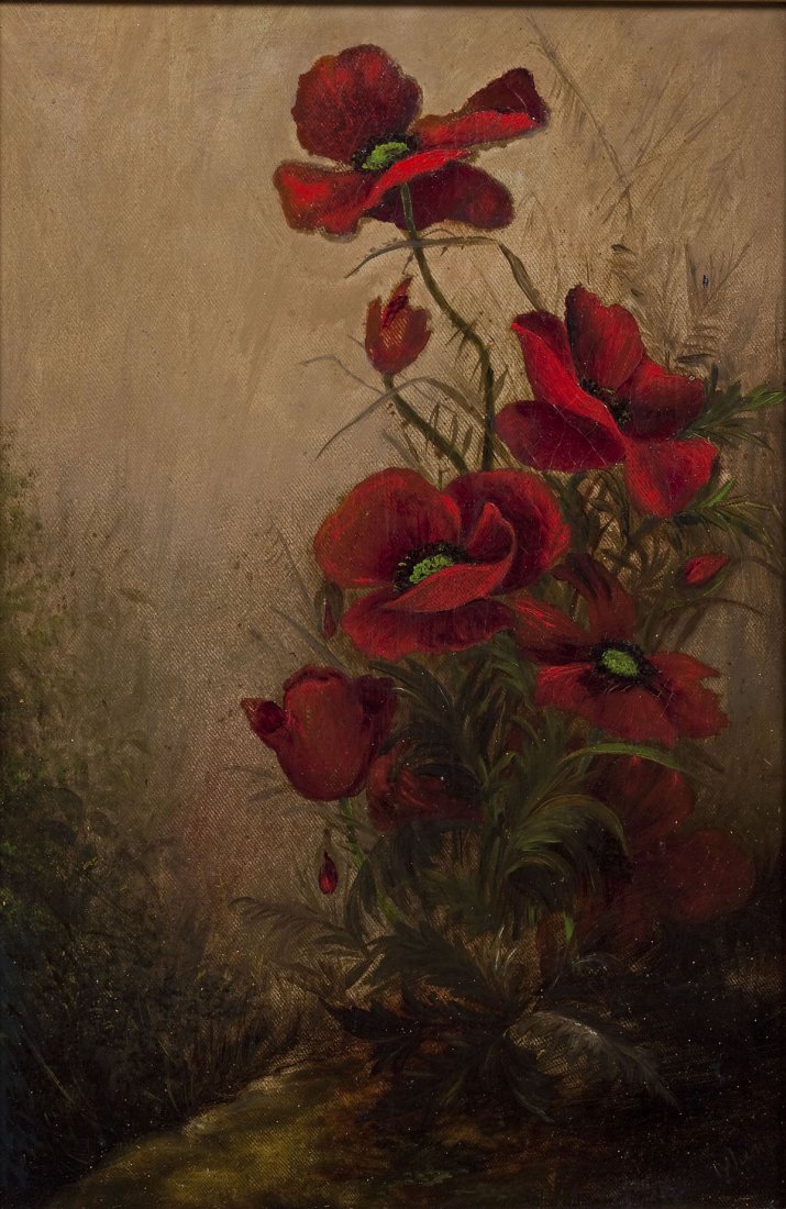 Continental School (19th Century): DESCRIPTION: Continental School (19th Century). Oil on canvas of poppies. Signed lightly at lower right corner "…Whener". Gold painted and gesso frame. MEASUREMENTS: 17-1/2" x 11-1/2". Overall with 