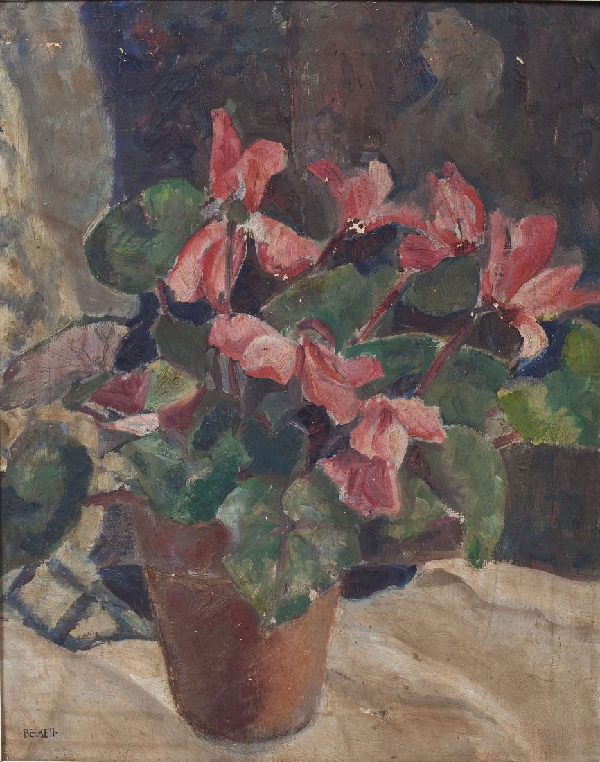 Attrib. Marion H. Beckett (1886-1949): DESCRIPTION: Attributed to Marion H. Beckett (1886-1949). Oil on canvas. Potted flowers. Signed at lower left "Beckett". In cream and gold painted frame. MEASUREMENTS: 19-3/4" x 15-3/4". Overall with