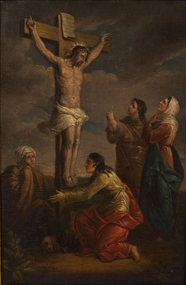 Continental School (19th Century): DESCRIPTION: Continental (19th Century). Oil on board. Crucifixion. Signed lower right "18 A. Vantorley 38". In black and gold painted frame. MEASUREMENTS: 17-5/8" x 11-3/8". Overall with frame 21-5/8