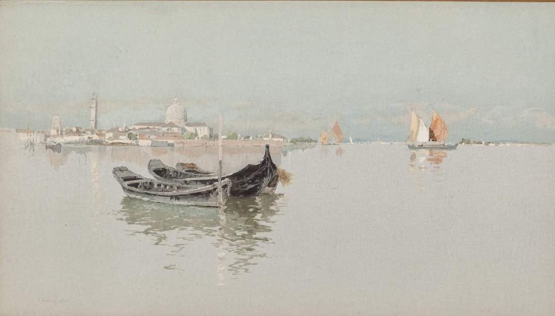 Francis Hopkinson Smith (1838-1915): DESCRIPTION: Francis Hopkinson Smith (1838-1916). Watercolor on paper. View of Venice from the water. Cream matting and cream frame. Signed in lower left corner "Francis H Smith". MEASUREMENTS: 6-1/2"