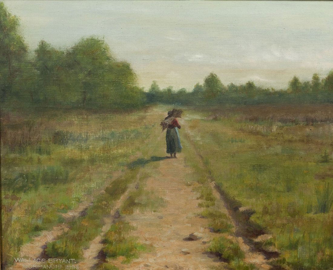 Wallace Bryant (American, 1870-1953): DESCRIPTION: Wallace Bryant (American, 1870-1953). Oil on canvas. Normandie, woman in a landscape. In gold painted frame. Signed lower left "Wallace Bryant 1895" and "Normandie". MEASUREMENTS: 12-1/2"