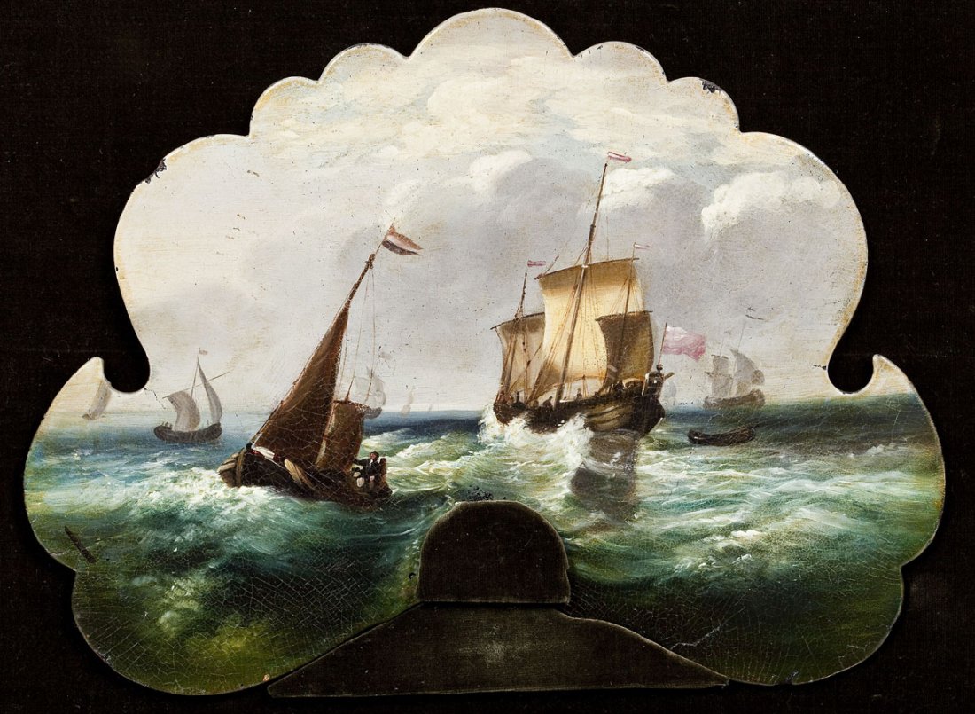 Continental School (19th Century): DESCRIPTION: Continental School (19th Century). Oil on board carved to resemble waves and cloud. Depicts ships on the ocean. Unsigned. On green velvet background in black and gold painted frame. MEASU