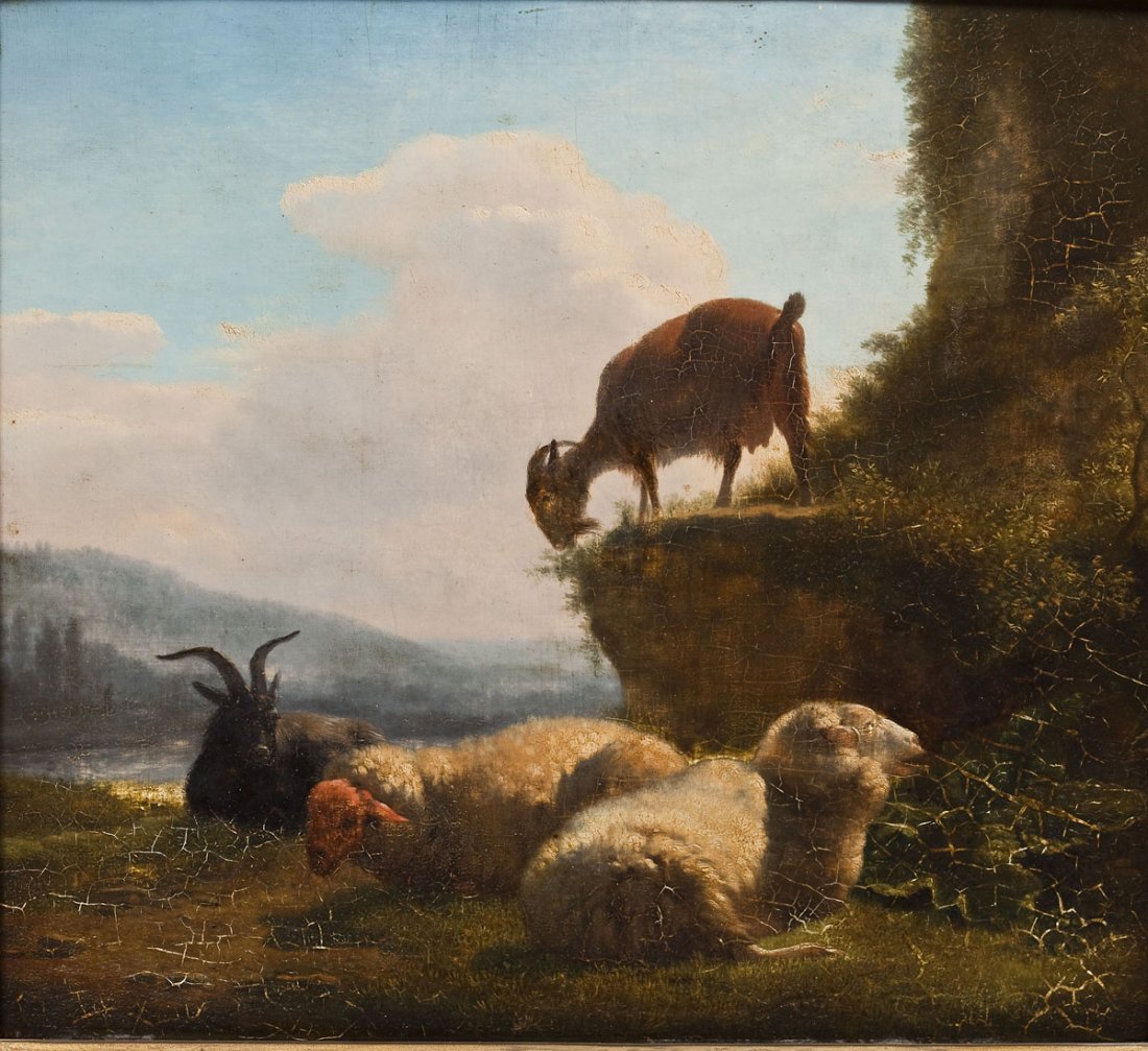 Continental School (19th Century): DESCRIPTION: Continental School (19th Century). Oil on board. Sheep on mountains. Unsigned in gilt frame. MEASUREMENTS: 10-1/2" x 11-3/4". Overall with frame 14-1/4" x 15-1/2". CONDITION: Toning and c