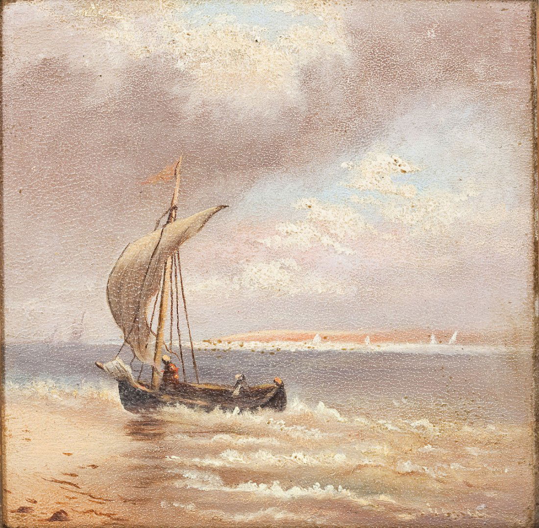 Attrib Elizabeth W. Middle (19th Century): DESCRIPTION: Attributed to Elizabeth Wells Middle (19th Century). Oil on board. Depicts ship coming into shore. In gilt frame. MEASUREMENTS: 5-5/8" x 5". Overall with frame 7-1/4" x 7". CONDITION: Ton