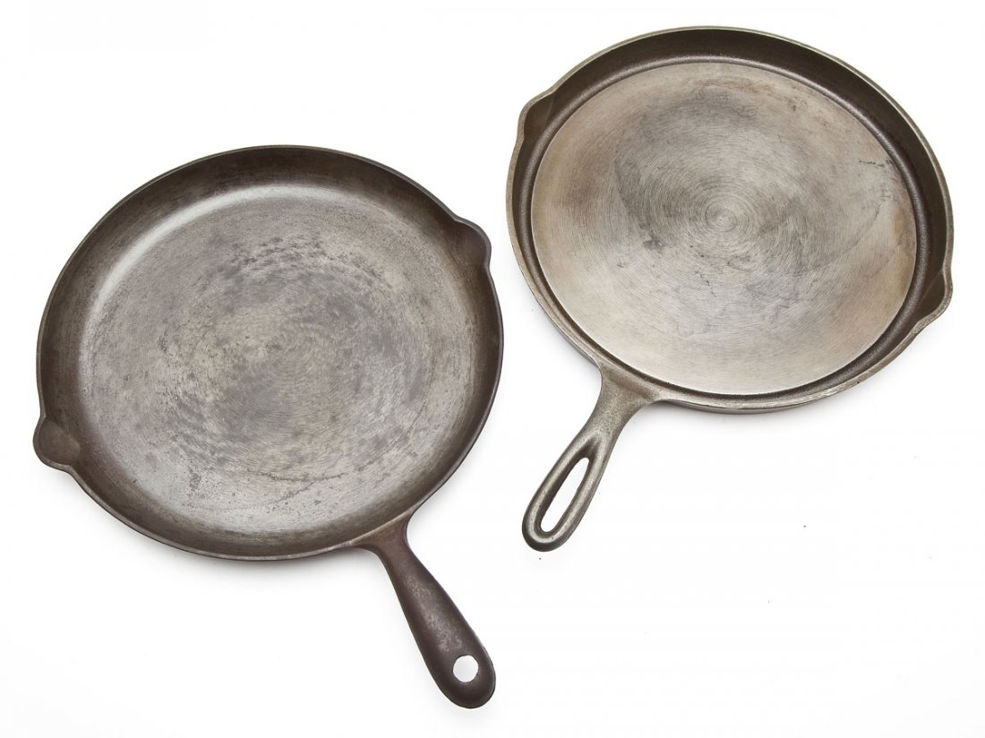 Wagner Fat Free Fryer & Shallow Skillet: DESCRIPTION: Includes: 1) Wagner Fat Free Fryer,, Stylized Logo. Catalog/Part No: 1102E; 15-1/4" long. 2) Wagner Shallow Skillet, Stylized Logo (Poor, Gas Burn on bottom). Catalog/Part No: 1099; 15-3/