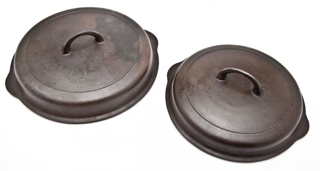 Griswold No. 8 & No. 10 Skillet Covers: DESCRIPTION: Two Griswold skillet covers. Includes: 1) Griswold No. 8 Skillet Cover, High Dome with Small Logo. Catalog/Part No: 1098. 2) Griswold No. 10 Skillet Cover, High Dome, Block Logo, Self Bas