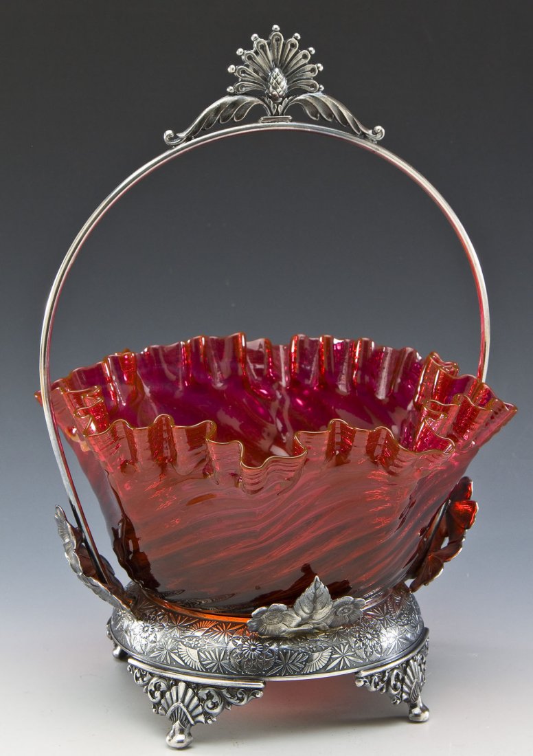 Ruffled Edge Cranberry Glass Bride's Basket (1 of 5)