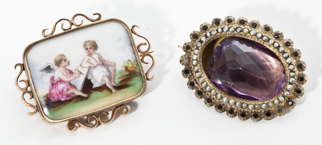 2 Brooches incl Amethyst & Painted Porcelain (1 of 2)