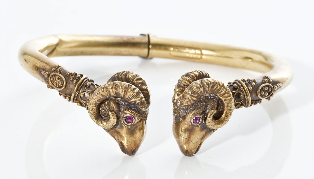 12K Gold Ram's Head Hinged Cuff Bracelet (1 of 2)