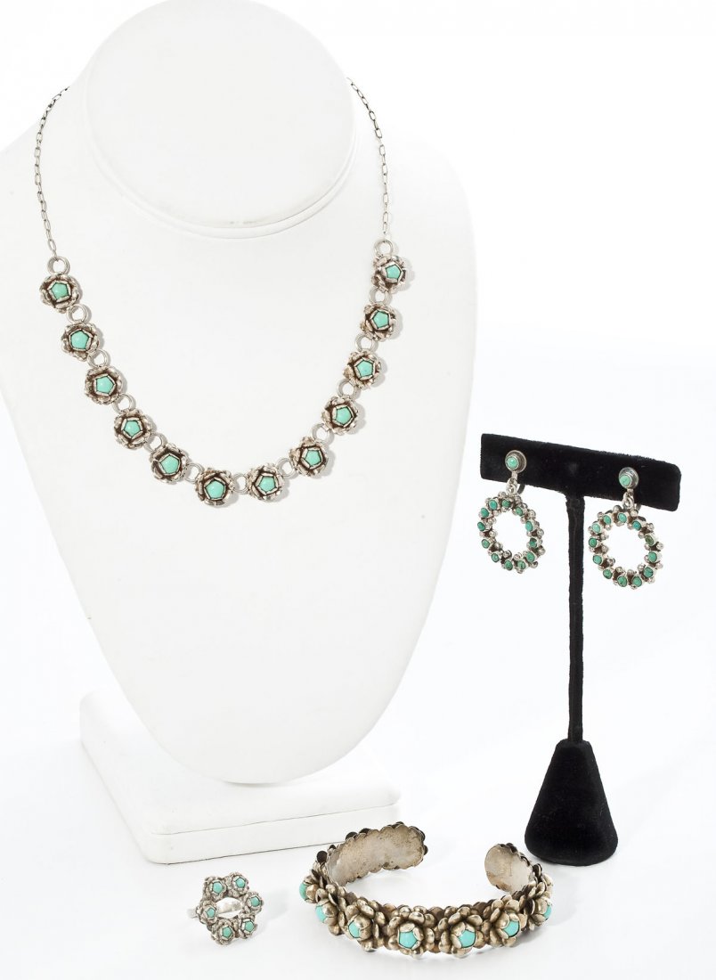 4 Pc Mexican Silver & Turquoise Jewelry Set (1 of 5)