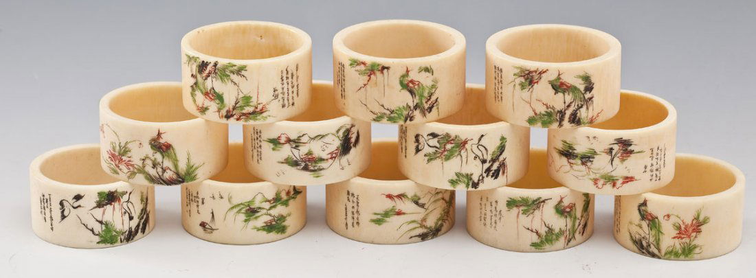 12 Chinese Polychrome Painted Ivory Napkin Rings (1 of 4)