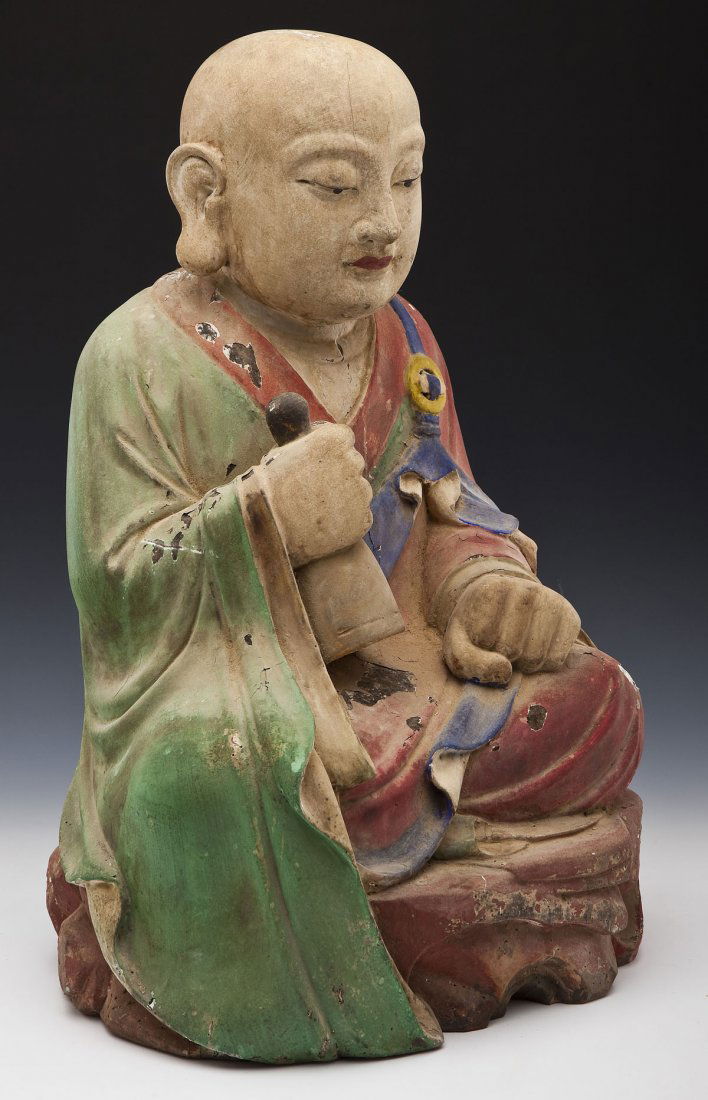 Large Painted Wooden Buddha with Hand Bell (1 of 9)