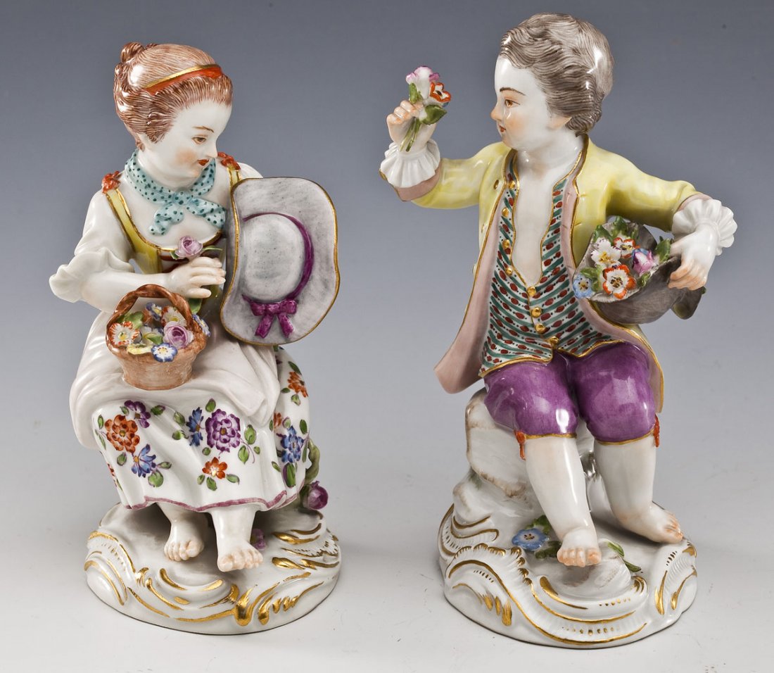 Pr of Meissen Child Figurines with Hats & Flowers (1 of 3)
