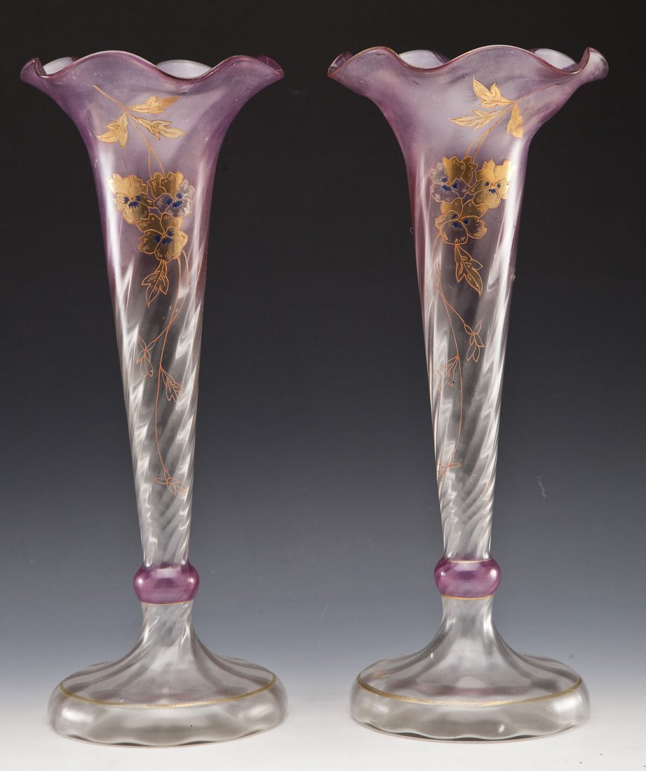 Pair of Handblown Art Nouveau Trumpet Vases (1 of 4)